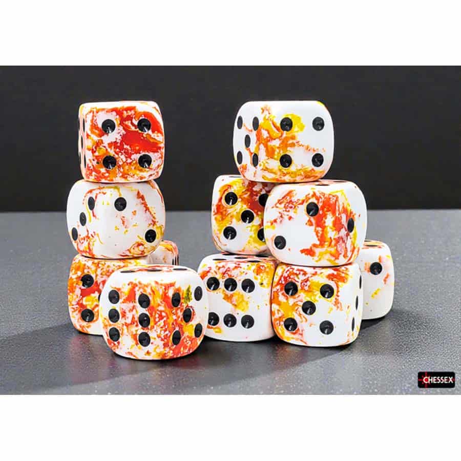 BRUSHED DICE: 16MM D6 SUNRISE WITH BLACK DICE BLOCK (12 DICE)