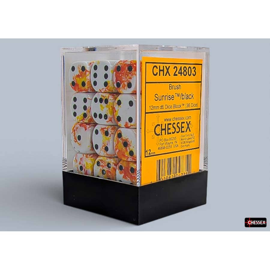 BRUSHED DICE: 12MM D6 SUNRISE WITH BLACK DICE BLOCK (36 DICE)