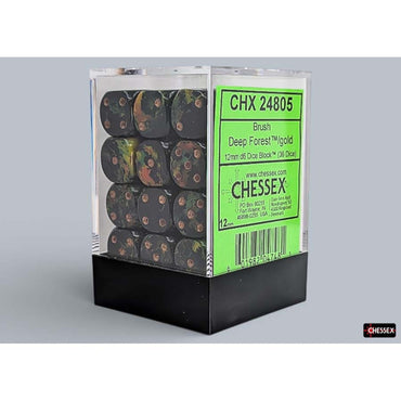 BRUSHED DICE: 12MM D6 DEEP FOREST WITH BRONZE DICE BLOCK (36 DICE)