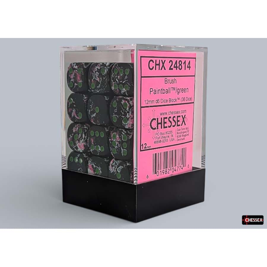 BRUSHED DICE: 12MM D6 PAINTBALL WITH GREEN DICE BLOCK (36 DICE)