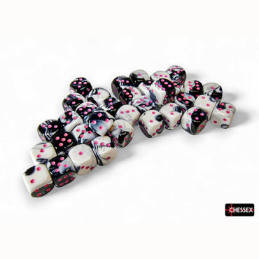 DICE MENAGERIE 11: GEMINI 12MM D6 BLACK-WHITE WITH PINK DICE BLOCK (36 DICE)