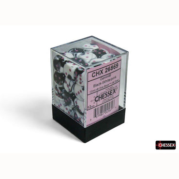 DICE MENAGERIE 11: GEMINI 12MM D6 BLACK-WHITE WITH PINK DICE BLOCK (36 DICE)