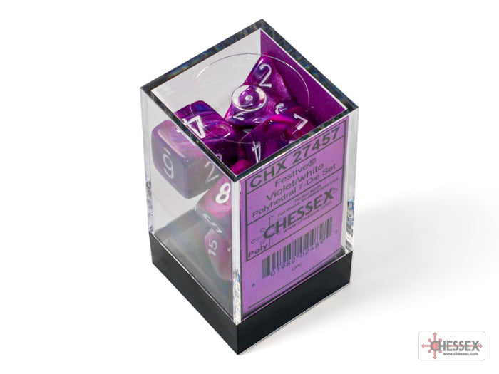 7ct Festive Poly Dice Set: Violet/White