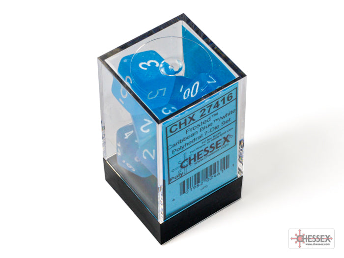 Frosted Caribbean Blue/White Polyhedral 7-Dice Set
