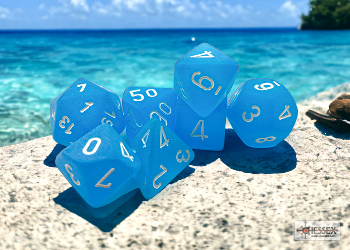 Frosted Caribbean Blue/White Polyhedral 7-Dice Set