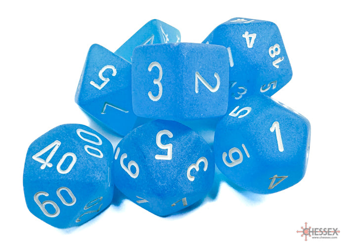 Frosted Caribbean Blue/White Polyhedral 7-Dice Set