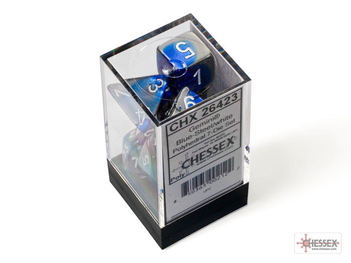 Gemini Blue-Steel/White Polyhedral 7-Dice Set (CHX 26423)