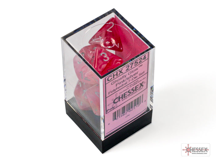 Ghostly Glow Pink/Silver Polyhedral 7-Dice Set (CHX 27524)
